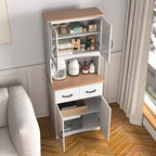MAYEERTY Mobiletto da cucina in legno bianco, dispensa, mobile microonde con ante in vetro a telaio e cassetto