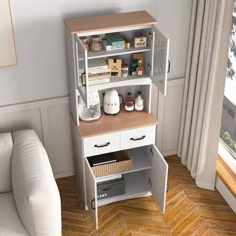 MAYEERTY Mobiletto da cucina in legno bianco, dispensa, mobile microonde con ante in vetro a telaio e cassetto