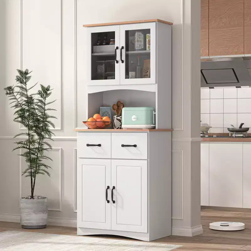 MAYEERTY Mobiletto da cucina in legno bianco, dispensa, mobile microonde con ante in vetro a telaio e cassetto