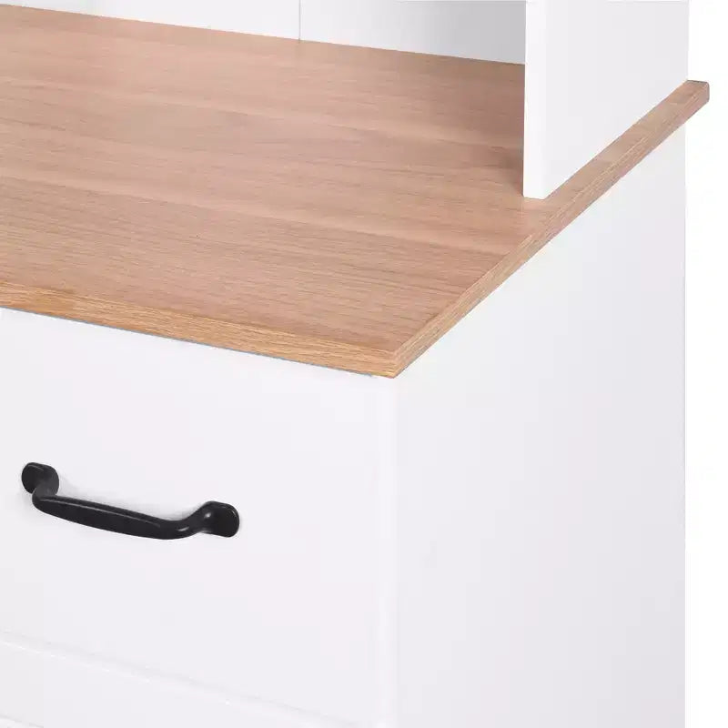 MAYEERTY Mobiletto da cucina in legno bianco, dispensa, mobile microonde con ante in vetro a telaio e cassetto