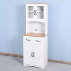 MAYEERTY Mobiletto da cucina in legno bianco, dispensa, mobile microonde con ante in vetro a telaio e cassetto