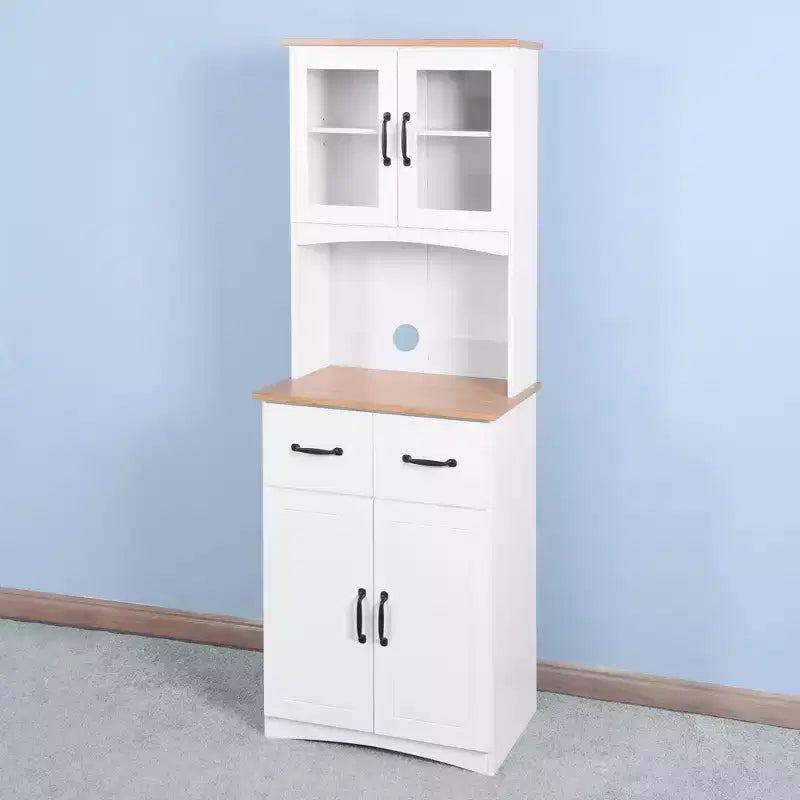 MAYEERTY Mobiletto da cucina in legno bianco, dispensa, mobile microonde con ante in vetro a telaio e cassetto