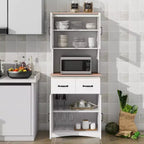 MAYEERTY Mobiletto da cucina in legno bianco, dispensa, mobile microonde con ante in vetro a telaio e cassetto