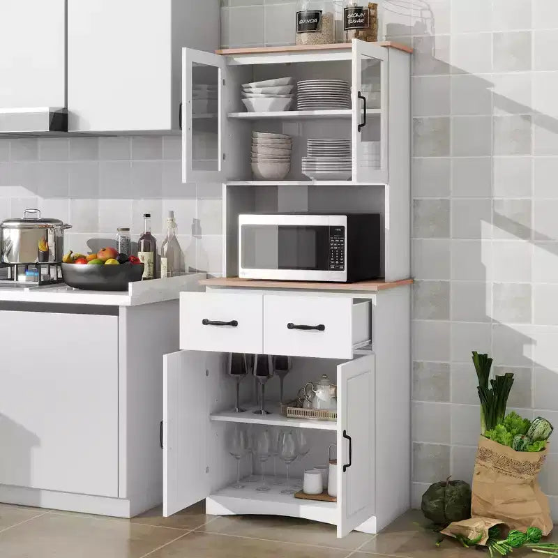 MAYEERTY Mobiletto da cucina in legno bianco, dispensa, mobile microonde con ante in vetro a telaio e cassetto