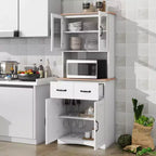 MAYEERTY Mobiletto da cucina in legno bianco, dispensa, mobile microonde con ante in vetro a telaio e cassetto