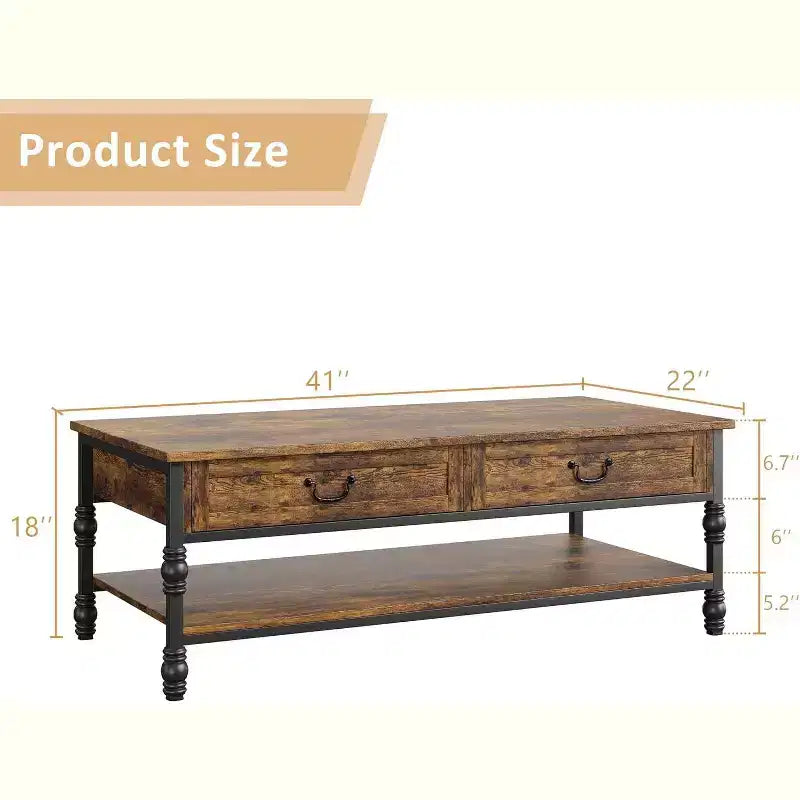 Tavolino da caffè in legno 41" con 2 cassetti portaoggetti, tavoli rettangolari rustici per soggiorno con ripiano, tavolino centrale in legno per soggiorno e ufficio