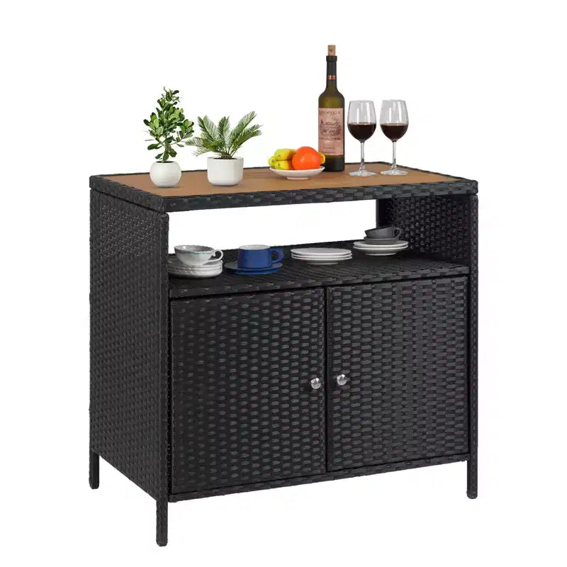 Outdoor Storage Cabinet, Weather-Proof Rattan Bar Table with Two Doors Wicker Patio Storage Box Garden Weather-Proof Bar Table