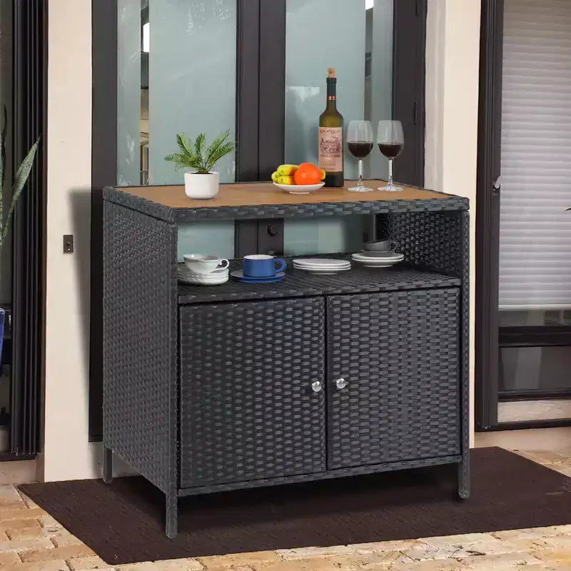 Meuble de rangement extérieur, table de bar en rotin résistant aux intempéries avec deux portes, coffre de rangement en osier pour patio, table de bar de jardin résistante aux intempéries