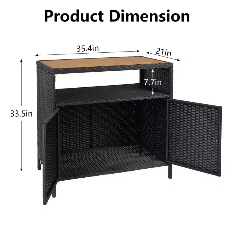 Meuble de rangement extérieur, table de bar en rotin résistant aux intempéries avec deux portes, coffre de rangement en osier pour patio, table de bar de jardin résistante aux intempéries