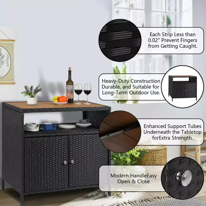 Meuble de rangement extérieur, table de bar en rotin résistant aux intempéries avec deux portes, coffre de rangement en osier pour patio, table de bar de jardin résistante aux intempéries