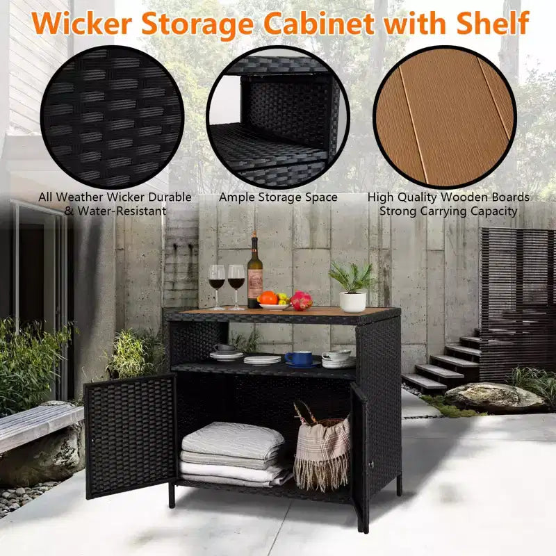 Meuble de rangement extérieur, table de bar en rotin résistant aux intempéries avec deux portes, coffre de rangement en osier pour patio, table de bar de jardin résistante aux intempéries