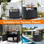 Meuble de rangement extérieur, table de bar en rotin résistant aux intempéries avec deux portes, coffre de rangement en osier pour patio, table de bar de jardin résistante aux intempéries