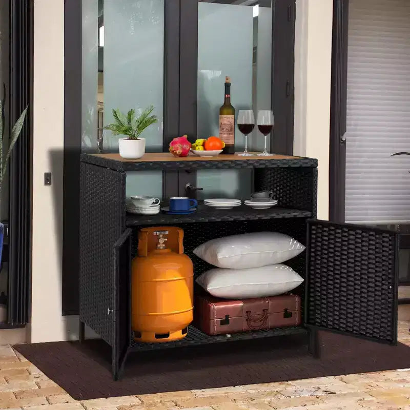 Meuble de rangement extérieur, table de bar en rotin résistant aux intempéries avec deux portes, coffre de rangement en osier pour patio, table de bar de jardin résistante aux intempéries
