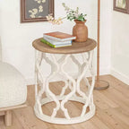 COZAYH Tavolino da Salotto Rotondo Rustico con Vassoio in Legno, Tavolino Laterale per Soggiorno o Camera da Letto Piccolo Mobile 17.75 x 20 Pollici, Bianco
