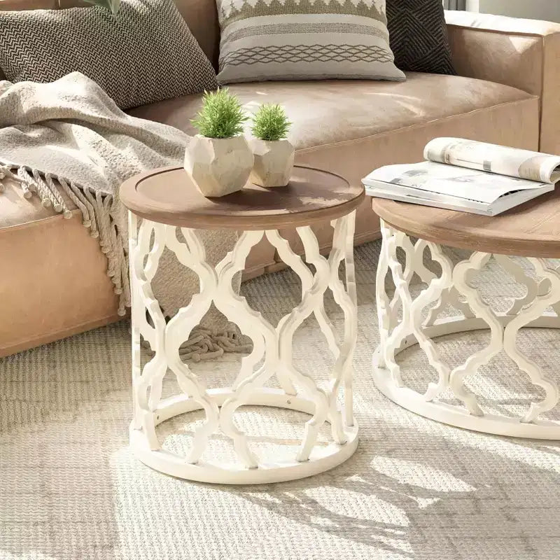 COZAYH Tavolino da Salotto Rotondo Rustico con Vassoio in Legno, Tavolino Laterale per Soggiorno o Camera da Letto Piccolo Mobile 17.75 x 20 Pollici, Bianco