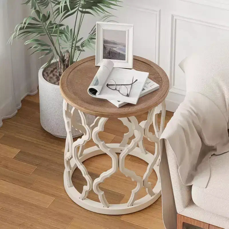 COZAYH Tavolino da Salotto Rotondo Rustico con Vassoio in Legno, Tavolino Laterale per Soggiorno o Camera da Letto Piccolo Mobile 17.75 x 20 Pollici, Bianco