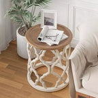 COZAYH Tavolino da Salotto Rotondo Rustico con Vassoio in Legno, Tavolino Laterale per Soggiorno o Camera da Letto Piccolo Mobile 17.75 x 20 Pollici, Bianco