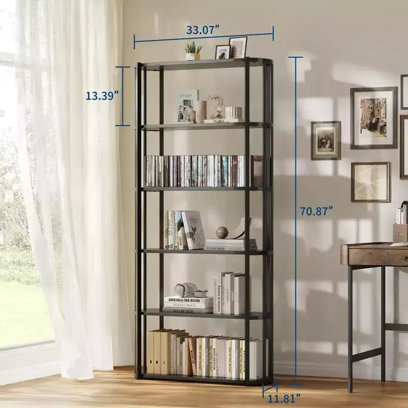 6-Tier Tall Bookshelf, Industrial Bookcase with Open Shelves & Metal Frame, Space Saving Display Shelf for Living Room Office Apartments