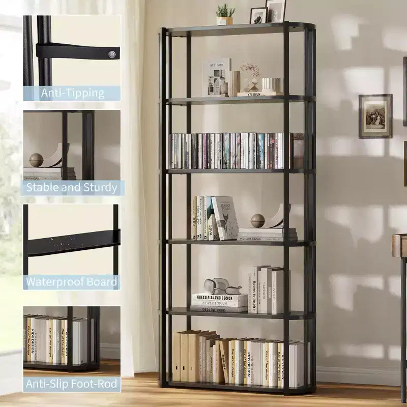 Étagère haute à 6 niveaux, Bibliothèque industrielle avec étagères ouvertes et cadre en métal, Étagère de présentation peu encombrante pour salon, bureau, appartement