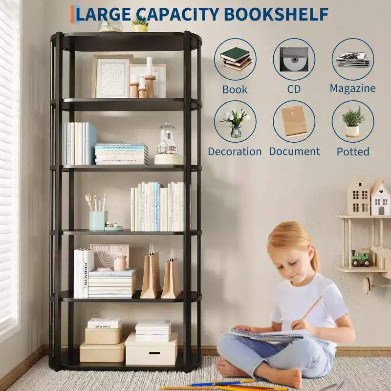 Étagère haute à 6 niveaux, Bibliothèque industrielle avec étagères ouvertes et cadre en métal, Étagère de présentation peu encombrante pour salon, bureau, appartement