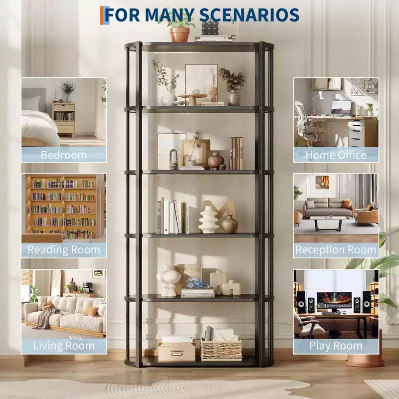 Étagère haute à 6 niveaux, Bibliothèque industrielle avec étagères ouvertes et cadre en métal, Étagère de présentation peu encombrante pour salon, bureau, appartement
