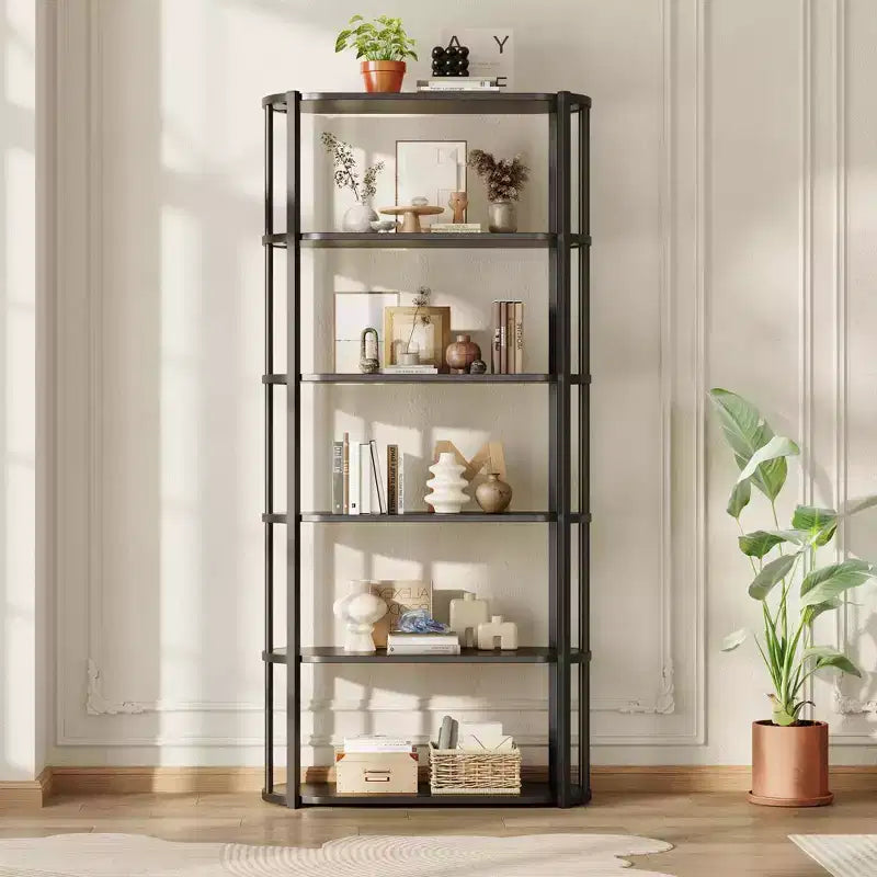 Étagère haute à 6 niveaux, Bibliothèque industrielle avec étagères ouvertes et cadre en métal, Étagère de présentation peu encombrante pour salon, bureau, appartement