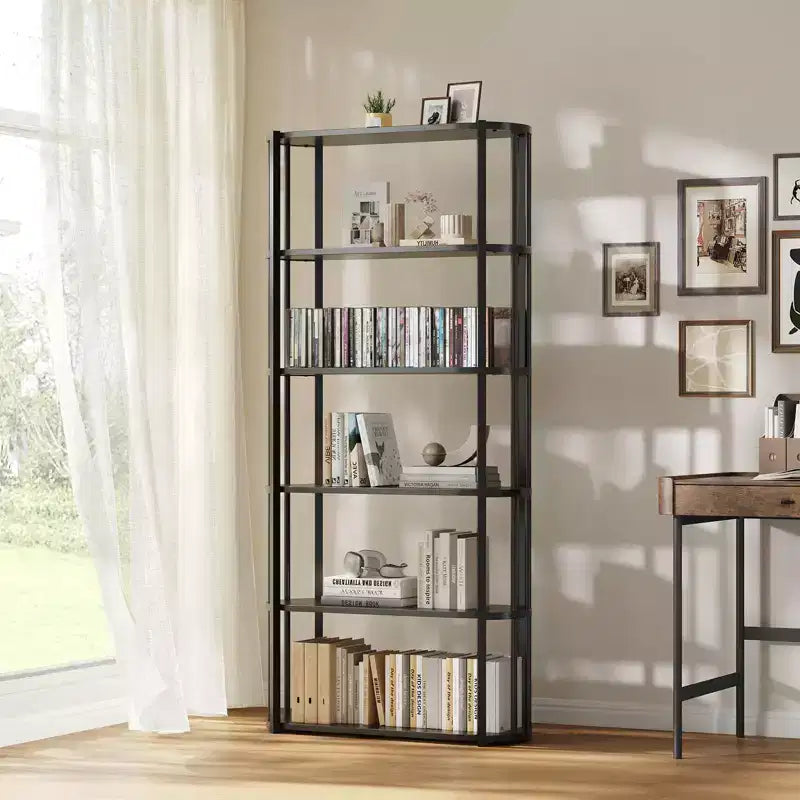 Étagère haute à 6 niveaux, Bibliothèque industrielle avec étagères ouvertes et cadre en métal, Étagère de présentation peu encombrante pour salon, bureau, appartement