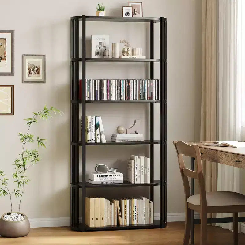Étagère haute à 6 niveaux, Bibliothèque industrielle avec étagères ouvertes et cadre en métal, Étagère de présentation peu encombrante pour salon, bureau, appartement