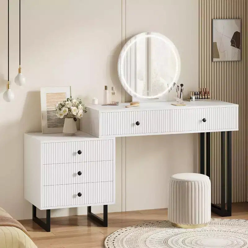 Vanity Desk with Mirror and Lights, Small Makeup Vanity with 2/5 Drawers for Bedroom, Modern Makeup Vanity Organizer with 3 Color Lights