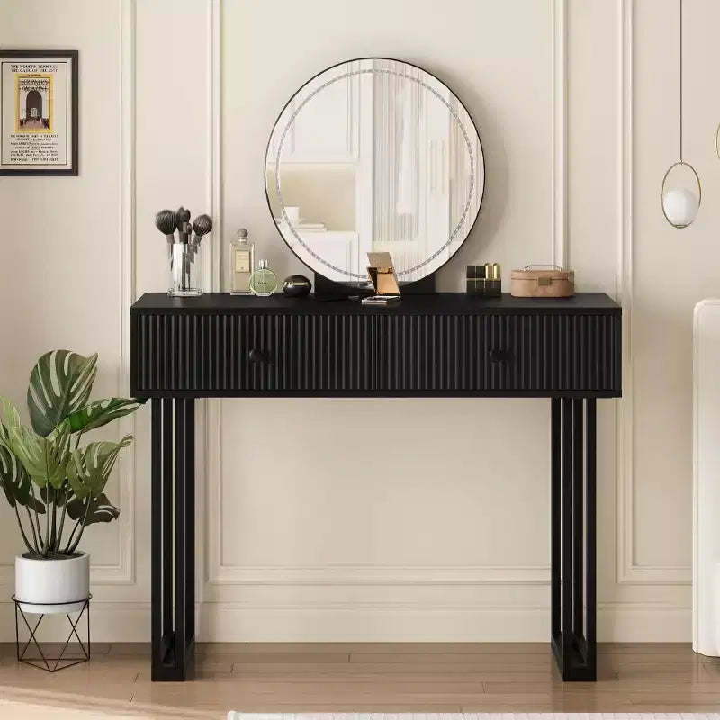 Coiffeuse avec miroir et lumières, Petite coiffeuse avec 2/5 tiroirs pour chambre à coucher, Coiffeuse de maquillage moderne avec 3 couleurs de lumières