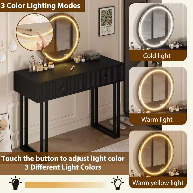 Coiffeuse avec miroir et lumières, Petite coiffeuse avec 2/5 tiroirs pour chambre à coucher, Coiffeuse de maquillage moderne avec 3 couleurs de lumières
