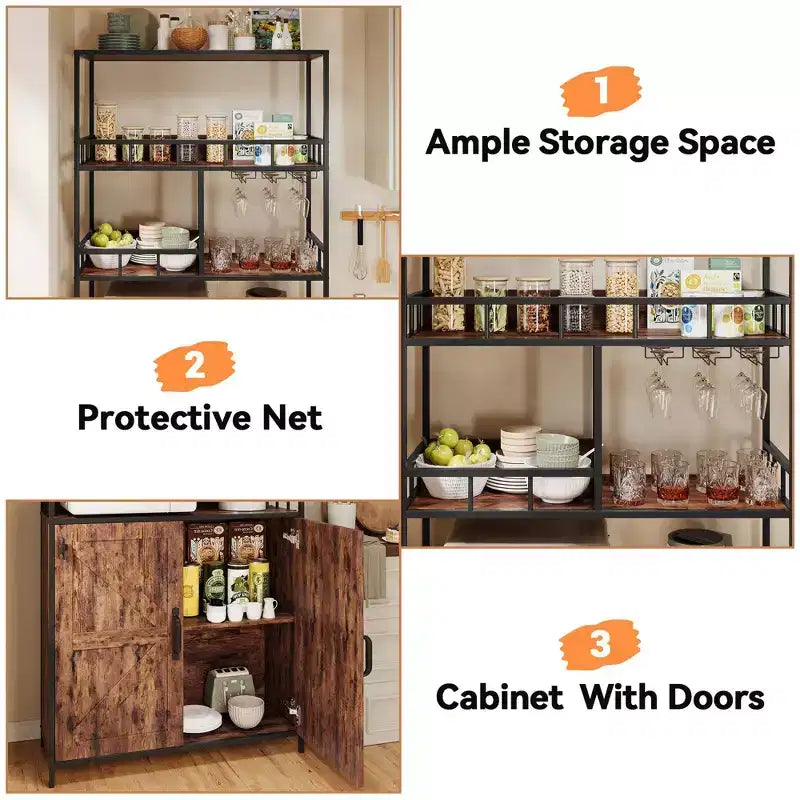 Scaffale per panettiere con ripiani, Credenza da cucina piccola indipendente in stile rustico con porta alta e ripiano spesso, Ripiani portaoggetti per coffee bar