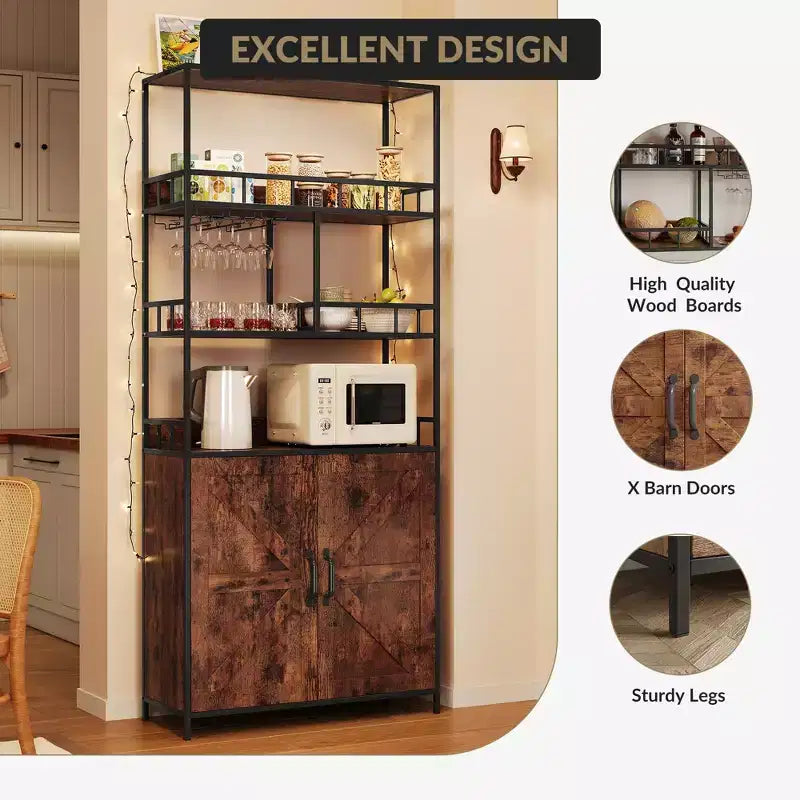 Scaffale per panettiere con ripiani, Credenza da cucina piccola indipendente in stile rustico con porta alta e ripiano spesso, Ripiani portaoggetti per coffee bar