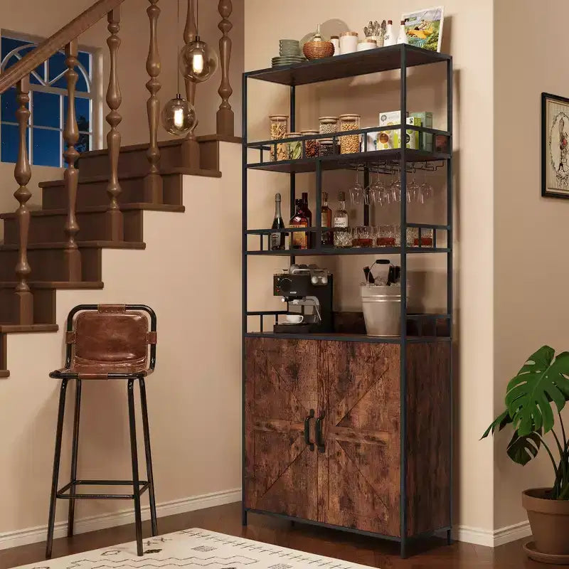 Scaffale per panettiere con ripiani, Credenza da cucina piccola indipendente in stile rustico con porta alta e ripiano spesso, Ripiani portaoggetti per coffee bar