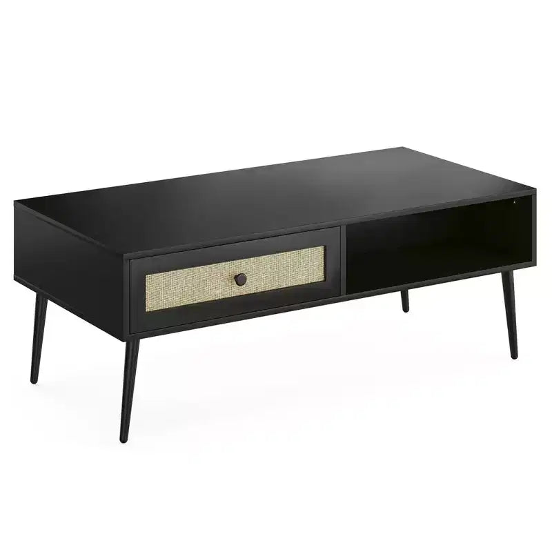 Tavolino da salotto, Tavolino rettangolare a 2 livelli in legno moderno di metà secolo con cassetto a ribalta in rattan PVC