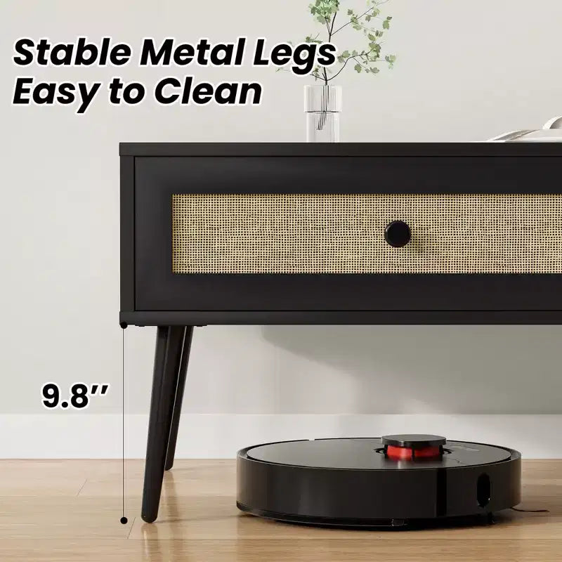 Tavolino da salotto, Tavolino rettangolare a 2 livelli in legno moderno di metà secolo con cassetto a ribalta in rattan PVC