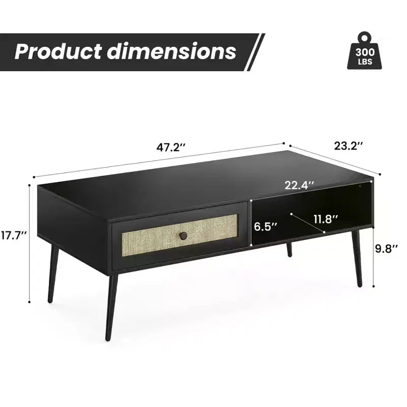 Tavolino da salotto, Tavolino rettangolare a 2 livelli in legno moderno di metà secolo con cassetto a ribalta in rattan PVC