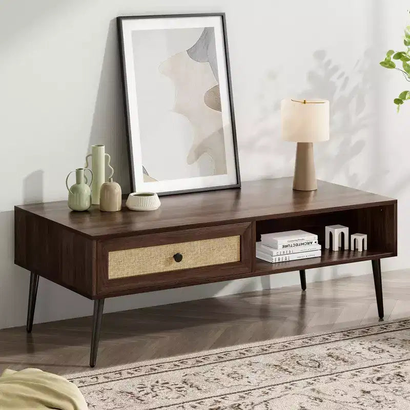 Tavolino da salotto, Tavolino rettangolare a 2 livelli in legno moderno di metà secolo con cassetto a ribalta in rattan PVC
