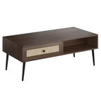 Tavolino da salotto, Tavolino rettangolare a 2 livelli in legno moderno di metà secolo con cassetto a ribalta in rattan PVC