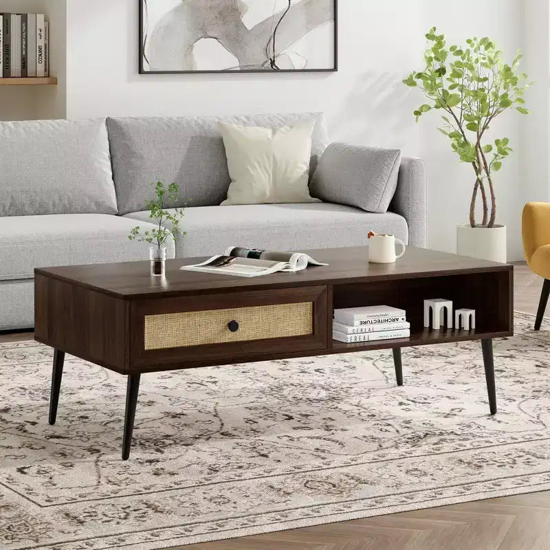 Tavolino da salotto, Tavolino rettangolare a 2 livelli in legno moderno di metà secolo con cassetto a ribalta in rattan PVC