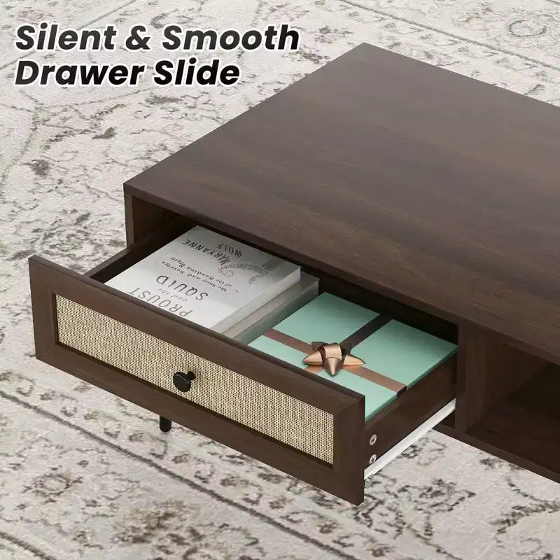 Tavolino da salotto, Tavolino rettangolare a 2 livelli in legno moderno di metà secolo con cassetto a ribalta in rattan PVC