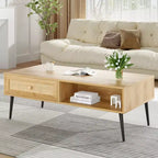 Tavolino da salotto, Tavolino rettangolare a 2 livelli in legno moderno di metà secolo con cassetto a ribalta in rattan PVC