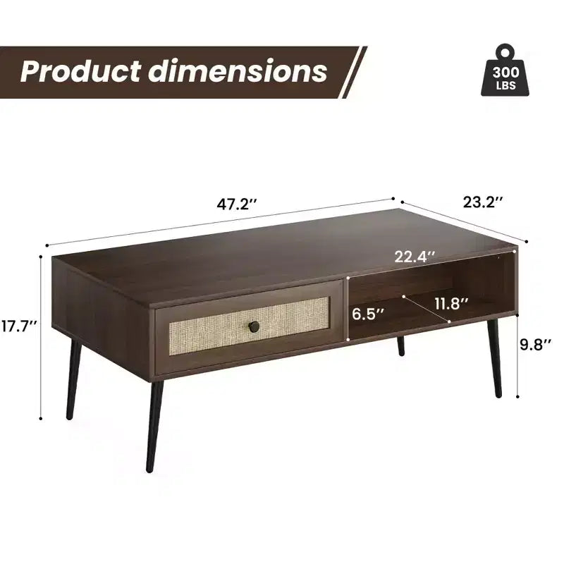 Tavolino da salotto, Tavolino rettangolare a 2 livelli in legno moderno di metà secolo con cassetto a ribalta in rattan PVC