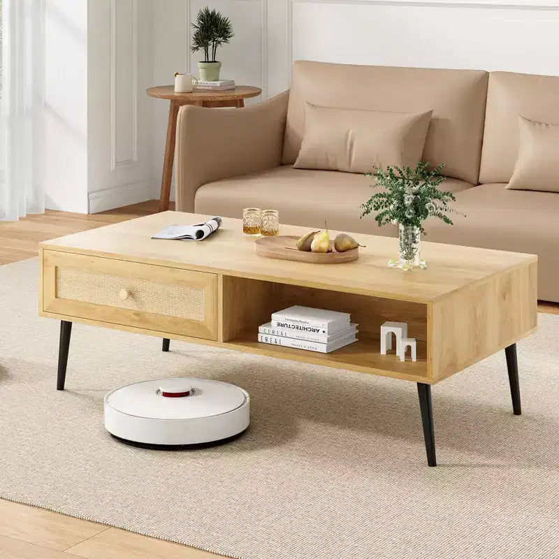 Tavolino da salotto, Tavolino rettangolare a 2 livelli in legno moderno di metà secolo con cassetto a ribalta in rattan PVC