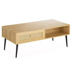 Tavolino da salotto, Tavolino rettangolare a 2 livelli in legno moderno di metà secolo con cassetto a ribalta in rattan PVC