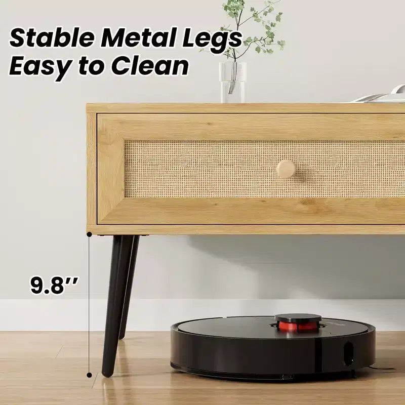 Tavolino da salotto, Tavolino rettangolare a 2 livelli in legno moderno di metà secolo con cassetto a ribalta in rattan PVC