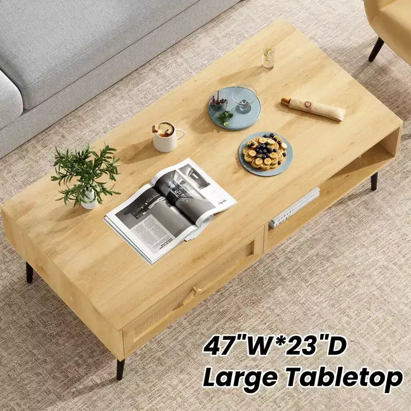 Tavolino da salotto, Tavolino rettangolare a 2 livelli in legno moderno di metà secolo con cassetto a ribalta in rattan PVC