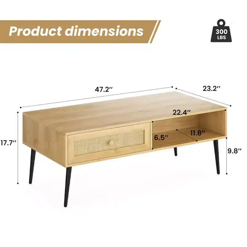 Tavolino da salotto, Tavolino rettangolare a 2 livelli in legno moderno di metà secolo con cassetto a ribalta in rattan PVC