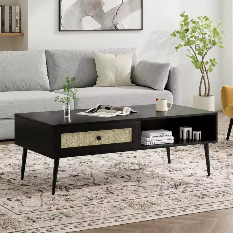 Tavolino da salotto, Tavolino rettangolare a 2 livelli in legno moderno di metà secolo con cassetto a ribalta in rattan PVC
