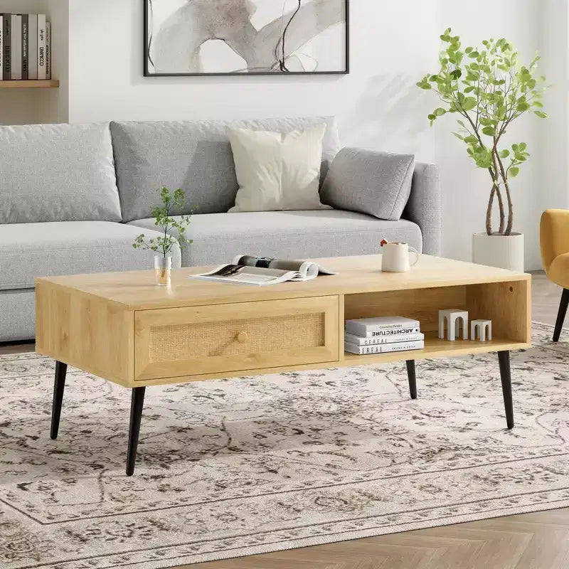 Tavolino da salotto, Tavolino rettangolare a 2 livelli in legno moderno di metà secolo con cassetto a ribalta in rattan PVC
